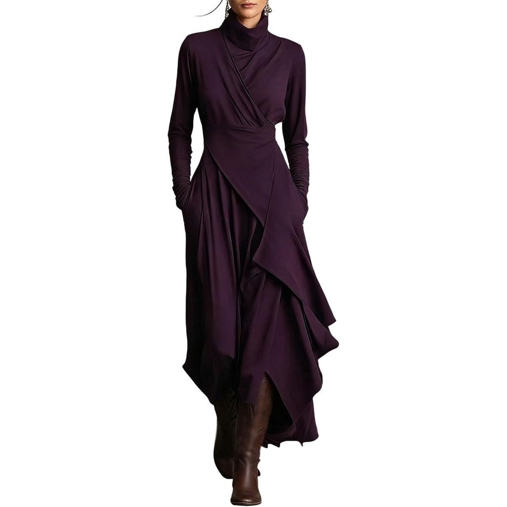 Womens Long Sleeve High Neck Asymmetrical Wrap Maxi Dress with Pockets Purple - Picture 2 of 3
